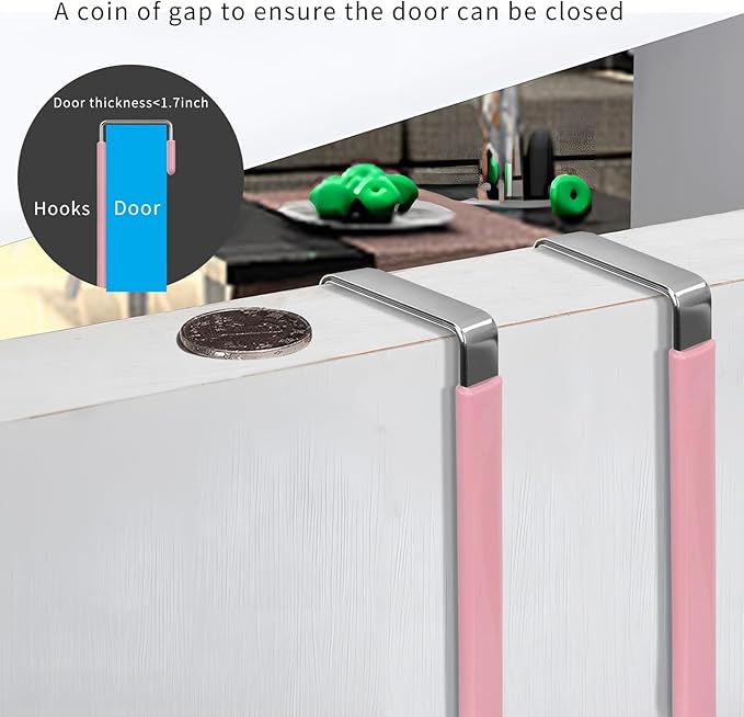 FYY Over The Door Hooks, 4 Pack Upgraded Long Door Hangers Hooks with Rubber Prevent Scratches Heavy Duty Organizer Hooks for Hanging Clothes, Towels, Hats, Coats, Bags Pink