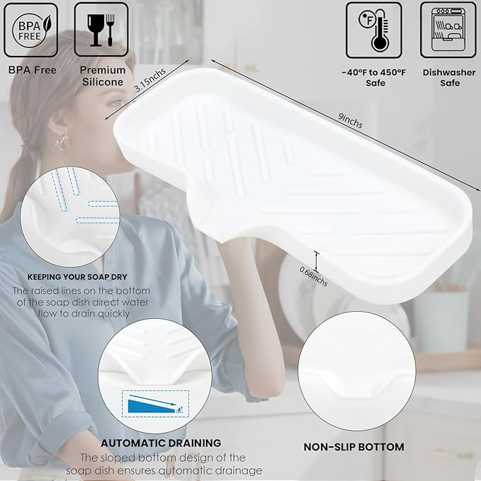 Silicone Bathroom Soap Dishes, Sponge Holder for Kitchen Sink, Shower Soap Holder with Drain, Soap Dispenser Tray, Soap Dish for Bottle, Cup, Sink or Counter Organizer - White 9" x 3.15"