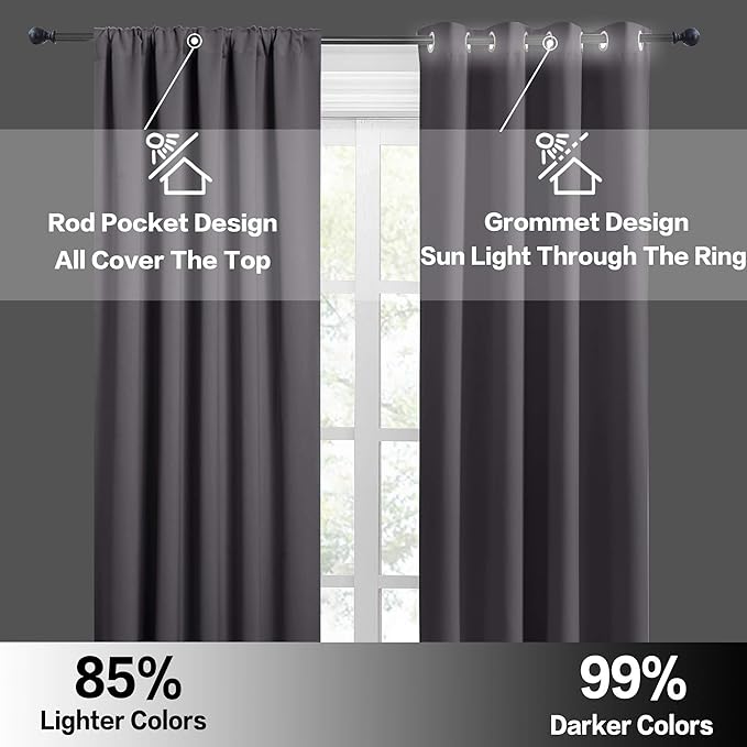 RYB HOME Blackout Curtains for Bathroom - Solid Light Block Blinds Privacy Light Block Drapes for Kitchen Cabinet Kids Nursery Bedroom Laundry Cafe Window Decor, W 29 x L 36, Grey, 1 Pair