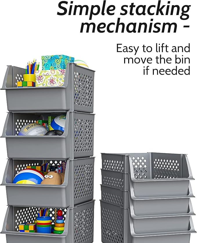 TidyFriend Plastic Stackable Bins for Pantry, 8 Pack Large Stacking Bins Open Front Kitchen, and Bathroom Organization, Open Front Design (Grey)