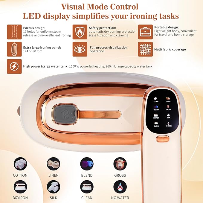 Handheld Garment Steamer 1500W – Large Ironing Panel, 20s Fast Heat-Up, 17 Steam Vents, 8 Fabric Modes & 260mL Water Tank for Home, Travel & Business