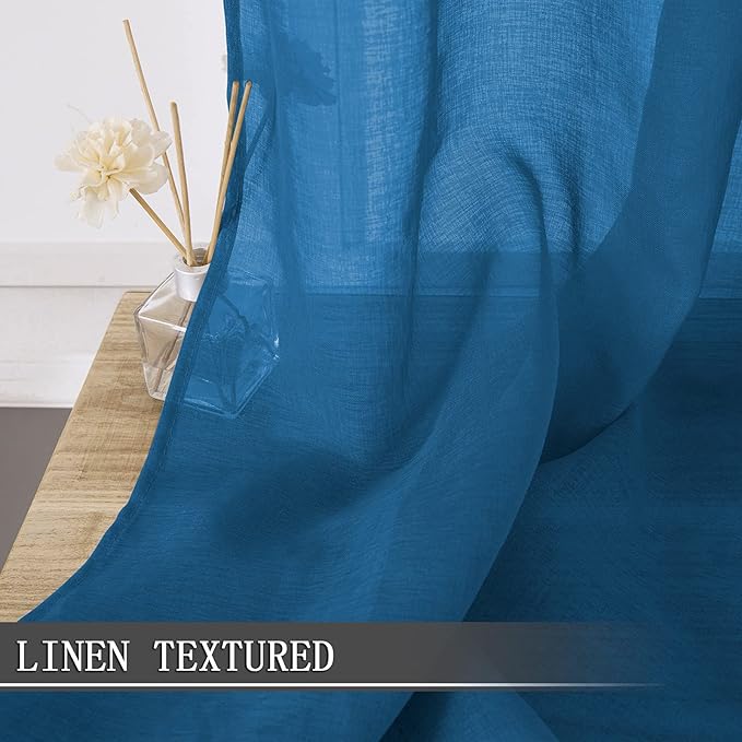 Tollpiz Short Sheer Tier Curtains Linen Textured Half Kitchen Curtain Sheers Light Filtering Rod Pocket Voile Small Curtain for Bathroom, 25 x 24 inches Long, Classic Blue, Set of 2 Panels