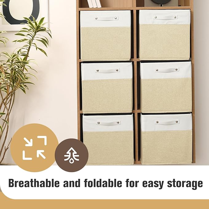 13 x 13 Inch Fine Linen Storage Bins with Handles，Fabric Cube Boxs，Collapsible Basket Organizers for Shelves for Home, Closet Drawers (White/Khaki-4 Pack)