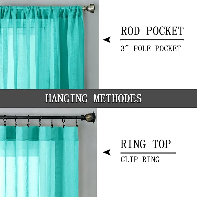 Tollpiz Short Sheer Curtains Living Room Linen Textured Curtain Sheers Light Filtering Voile Rod Pocket Curtains for Bedroom, 38 x 45 inches Long, Aqua Blue, Set of 2 Panels