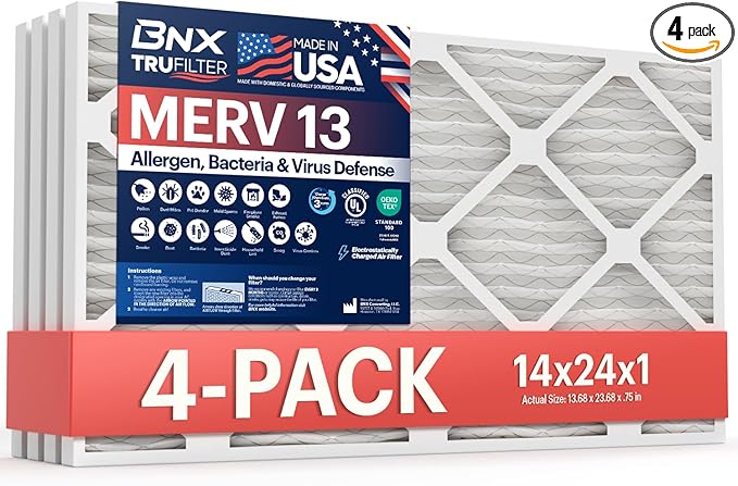 BNX TruFilter 14x24x1 Air Filter MERV 13 (4-Pack) - MADE IN USA - Electrostatic Pleated Air Conditioner HVAC AC Furnace Filters for Allergies, Pollen, Mold, Bacteria, Smoke, Allergen, MPR 1900 FPR 10