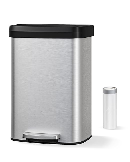 Garvee 13 Gallon / 50 L Stainless Steel Trash Can with Lid, Large Garbage Can for Kitchen, Rustproof Step-on Kitchen Metal Trash Bin with Liner Rim, Rear Handle, Soft Close Plastic Lid, Silver