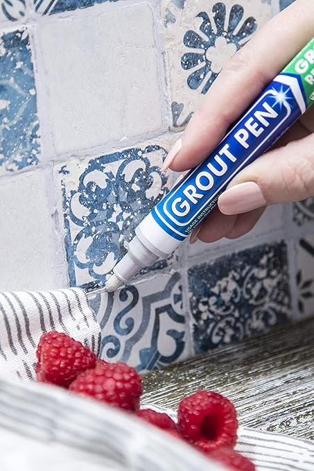Grout Pen Light Grey Tile Paint Marker: Waterproof Grout Paint, Tile Grout Colorant and Sealer Pen - Narrow 5mm, 2 Pack with Extra Tips (7mL) - Light Grey