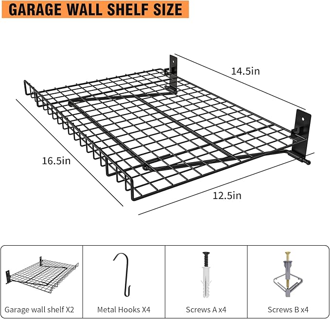 2 Pack Foldable Wall Shelf, Wall Mounted Garage Storage Shelves, Heavy Duty Wall Shelving Supports Up To 90 LBS. Floating Shelves With 4 Hooks Metal Storage Rack for Office, Kitchen and Laundry Room