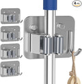 4 Pack Stainless Steel Mop and Broom Gripper with Hook, Screw Drilling or Self Adhesive Mop and Broom Holder Wall Mount, Storage Rack for Closet Laundry Garage Garden Tool Organizer, Silver