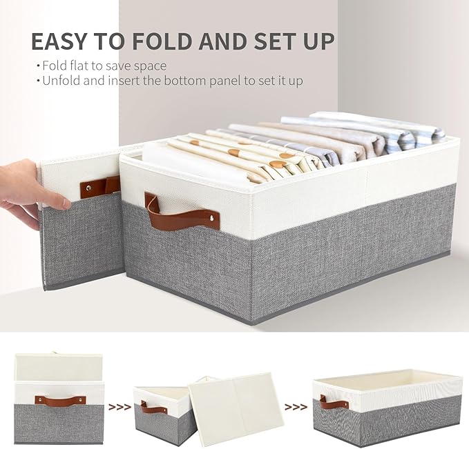 6 Pack Closet Storage Bins, Storage Baskets for Shelves, Linen Closet Organizers and Storage with Leather Handles for Clothes,Towels, Sheets, Jeans, Toys, Books (Grey and White)