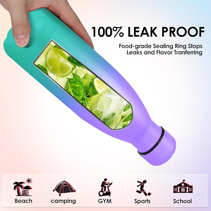 25oz Cola-Bottle Shaped Stainless Steel Leak-proof Water Bottle,Double Wall Vacuum Insulated Metal,Travel Mug For Sports Indoors & Outdoors,BPA-Free Kids Flasks,Purple Green(4 Pack)