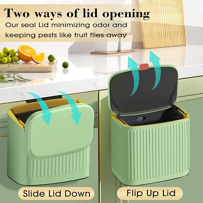 GloDeals Kitchen Small Trash Can with Lid, Compost Bin Countertop, Wall-Mounted Under Sink Hanging Trash Bin for Kitchen, Bathroom, Cabinet Trash Can (1.05 Gallon, 4L Vintage Green)