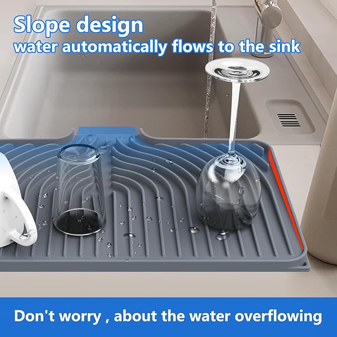 Dish Drying Matt for Kitchen Counter,18"×12"Silicone Dry Rack Mat with Built in Drain, Kitchen Dry Mats for Dishes Drying Pad for Counter(gray)