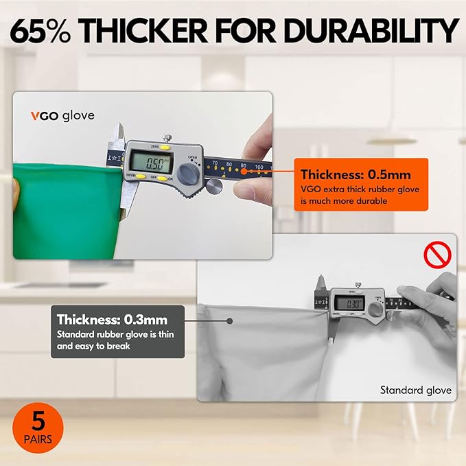 Vgo... 5-Pairs Reusable Household Gloves, Rubber Dishwashing gloves, Extra Thickness, Long Sleeves, Kitchen Cleaning, Working, Painting, Gardening, Pet Care (Size XL, Green, HH4601)