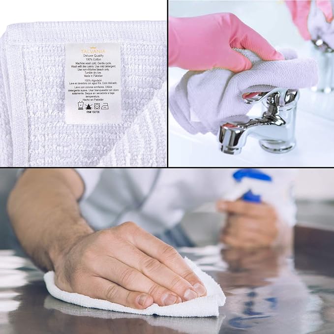 Bar Mop Towels 16”x19”, White Kitchen Bar Towel 12 Pack, 100% Cotton Ribbed Cleaning Cloths Rags, Super Absorbent Terry Shop Towels for Home Restaurant Commercial Use