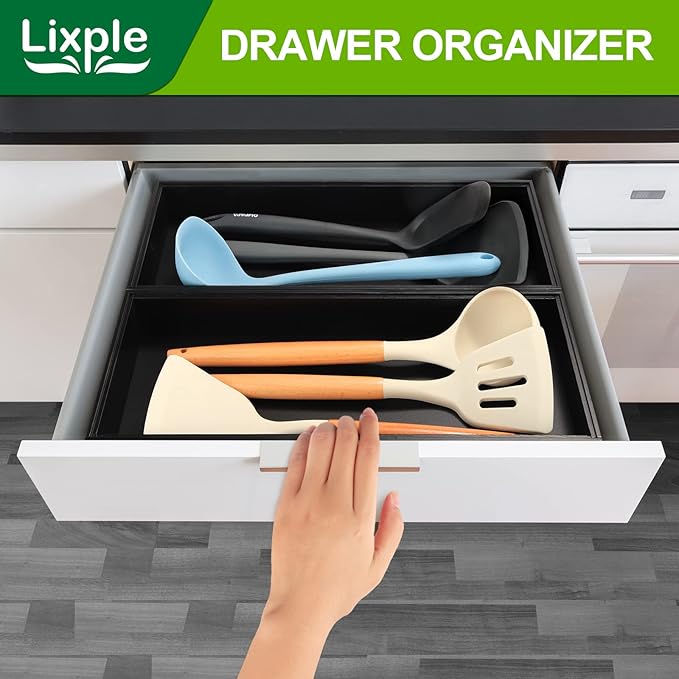 Bamboo Kitchen Drawer Organizer - Set of 2, Stackable Utensil Organizers, Wooden Storage Box Tray for Cabinet, Pantry, Bathroom Countertop, Multi-use Organization and Storage (Black)