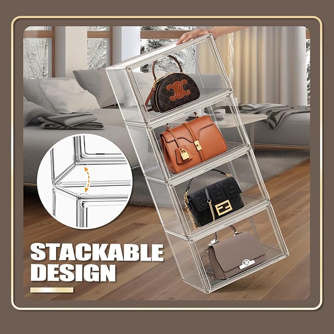 1Pack Clear Stackable Plastic Storage Bins with Magnetic Lid, X-Large Acrylic Display Cases for Book Cosmetic Figures Collectibles Showcase, Shoe Box, Bag Organizer