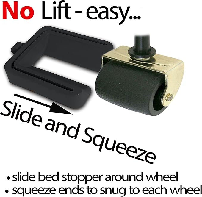 iPrimio No Lift Bed Stoppers to Prevent Sliding - 4 Pack Black Solid Rubber Keep Furniture from Sliding - No-Slip Caster Cups for Beds, Sofas, and Tables - Bed Stoppers - Simply Slide and Squeeze