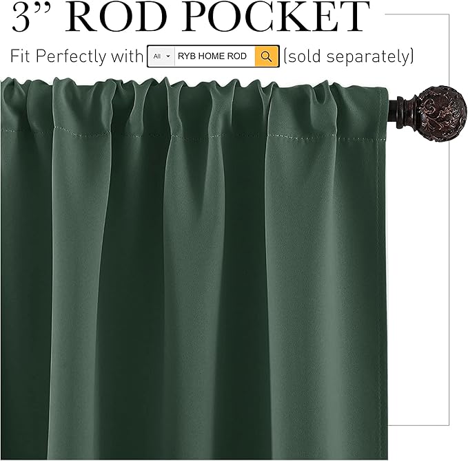 RYB HOME Small Curtains Blackout - Privacy Energy Efficiency Mini Curtains for Kids Bedroom RV Camper Windows Trailer Bathroom Kitchen Cabinet Door Window, W 29 x L 36, Dark Green, 2 Panels