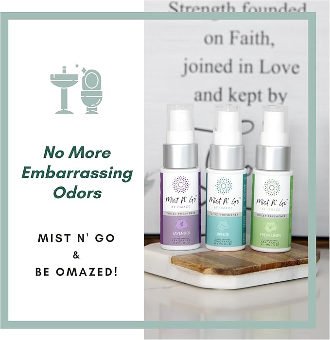 Mist N’ Go by Omaze Travel Bathroom Spray for Toilet Spray Odor Eliminator - Travel Toilet Spray for Bathroom Air Freshener Spray for Bathroom Deodorizer - Lavender Travel Size (1oz x2)