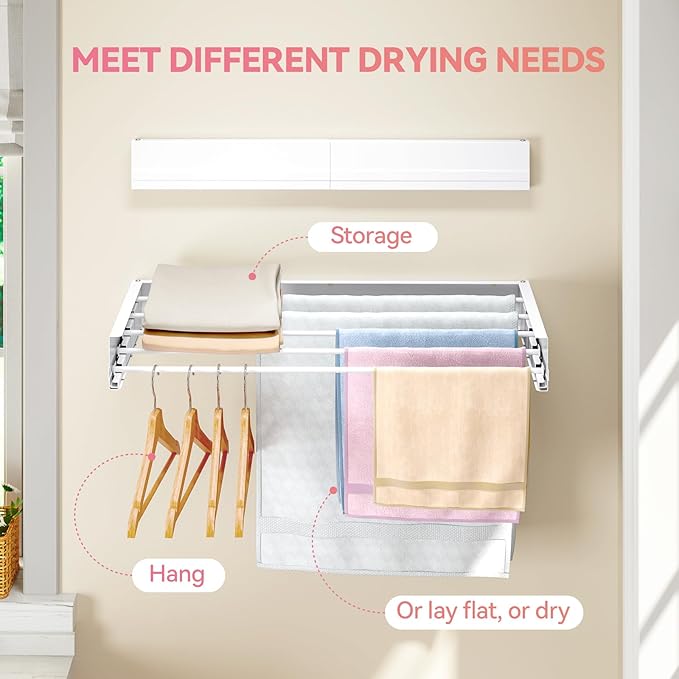 APEXCHASER Wall Mounted Clothes Drying Rack, Laundry Drying Rack Retractable, Towel Racks for Bathroom Balcony Laundry Room Wall Mounted, Foldable Drying Rack for Clothing, 31.5", White