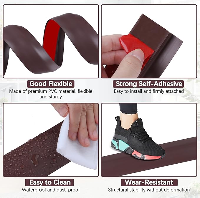 Vinyl Door Threshold Flooring Transition Strip Self Adhesive Carpet Edging Strip for Laminate Doorway Edge Threshold from 3/5" to 4/5" (Coffee, 10 Ft)