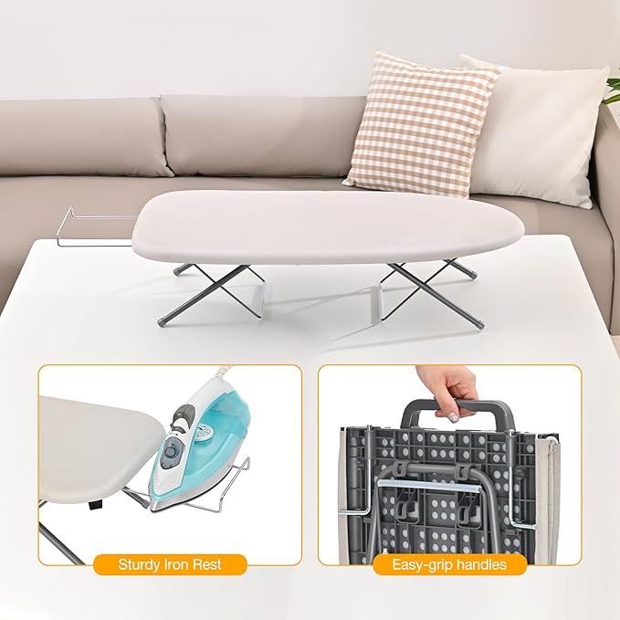 APEXCHASER Tabletop Ironing Board with Iron Rest, Small Iron Board, Extra Thick Cover, Portable Table top Ironing Board with Non-Slip Feet for Home Travel Use, Beige