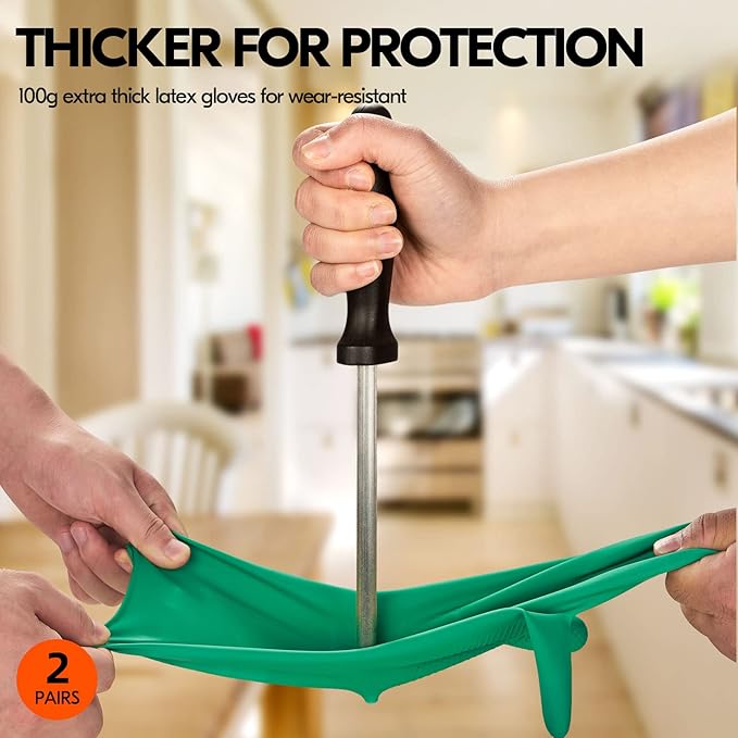 Vgo... 2-Pairs Reusable Household Gloves, Rubber Dishwashing gloves, Extra Thickness, Long Sleeves, Kitchen Cleaning, Working, Painting, Gardening, Pet Care (Size L, Green, HH4601)
