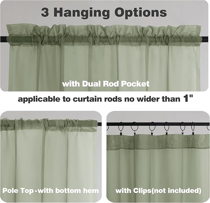 Chyhomenyc Sage Green Sheer Curtains 96 Inches Long 2 Panels, Light Filtering Green Curtains for Living Room, Soft Gentle Voile Rod Pocket Bedroom Window Drapes, 59Wx96L Inch, 2PCS