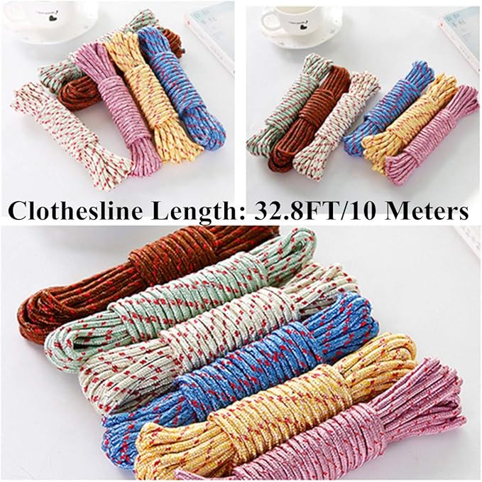 10M Heavy Duty Laundry Drying Clothesline Rope Portable Travel Nylon Cord Sturdy Clothes Line for Outdoor,Camping,Indoor,Crafting,Art Projects,Random Color Pack 2