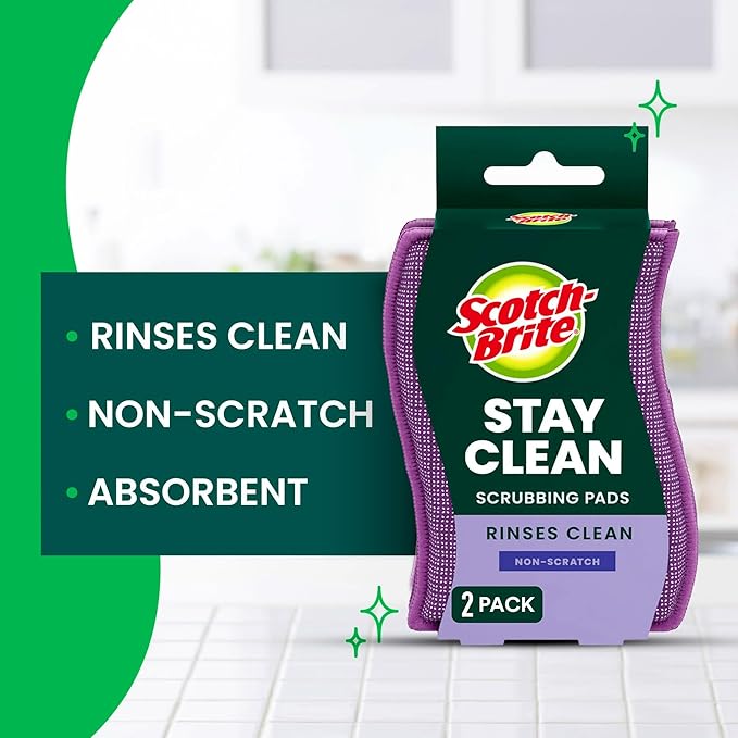 Scotch-Brite Stay Clean Scrubber Pads, Non-Scratch Dish Sponges for Kitchen Cleaning, 12 Count, Rinses Clean, Odor-Resistant, Safe on Non-Stick Cookware, Pots, Pans, and Glassware
