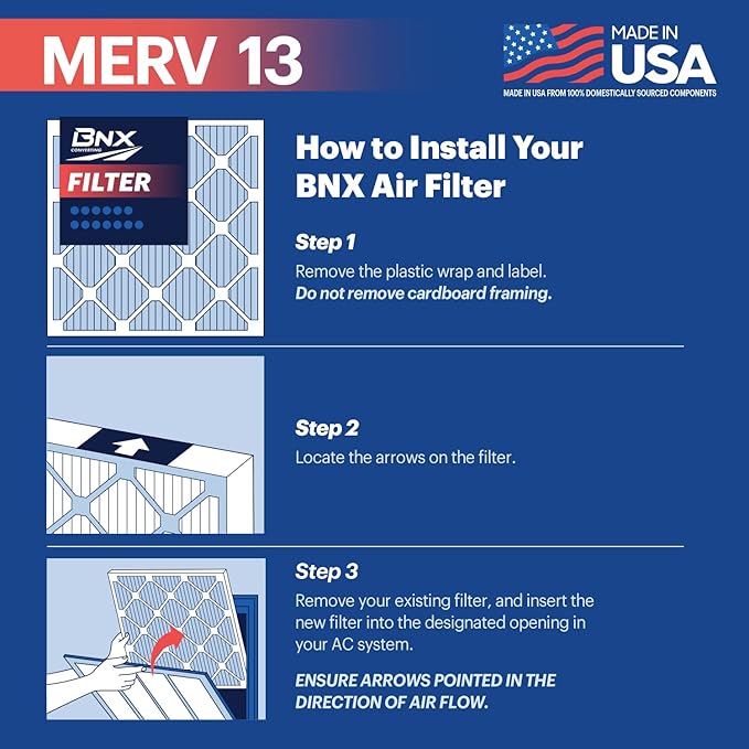 BNX TruFilter 20x30x1 Air Filter MERV 13 (4-Pack) - MADE IN USA - Electrostatic Pleated Air Conditioner HVAC AC Furnace Filters for Allergies, Pollen, Mold, Bacteria, Smoke, Allergen, MPR 1900 FPR 10