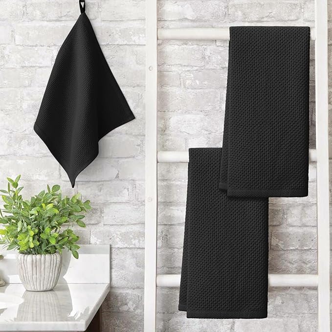 Artoid Mode 100% Cotton Black Waffle Weave Kitchen Dish Cloths, 13x28 Inch Ultra Soft Absorbent Quick Drying Kitchen Dish Towels Set of 4