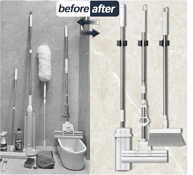 3-H Stainless Steel Broom Holder Wall Mount 30-Pack- Heavy Duty Mop Organizer, Wall Mounted Broom Storage with Secure Mounting for Kitchen Laundry Garage Bathroom (Space Saving)