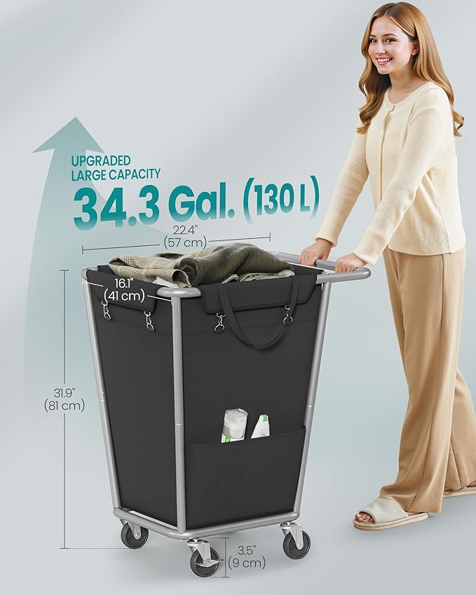 SONGMICS Laundry Basket with Wheels, 34.3 Gallons (130 L) Rolling Laundry Hamper with Removable Bag, Heavy-Duty Steel Frame with Handle, Ink Black URLS008B01