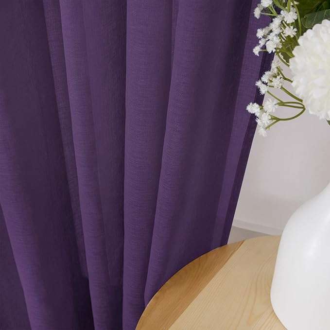 Tollpiz Short Sheer Curtains Living Room Linen Textured Curtain Sheers Light Filtering Voile Rod Pocket Curtains for Bedroom, 38 x 45 inches Long, Royal Purple, Set of 2 Panels