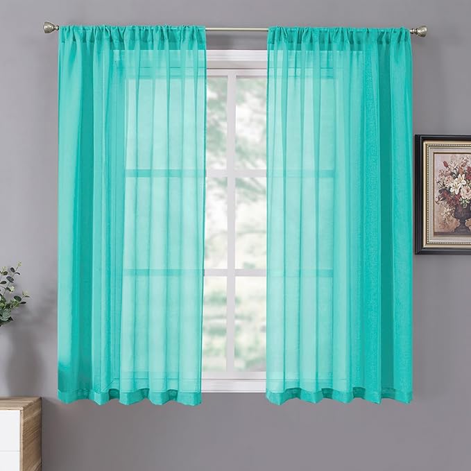 Tollpiz Short Sheer Curtain Linen Textured Bedroom Curtains Sheer Light Filtering Rod Pocket Voile Curtain for Living Room, 54 x 54 inches Long, Aqua Blue, Set of 2 Panels