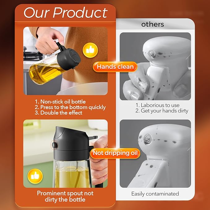 YARRAMATE 2Pcs 16oz/470ml 2 in 1 Oil Sprayer for Cooking with Stickers, Food-grade Glass Oil Spray Bottle, Oil Dispenser and Oil Sprayer for Kitchen, Salad, Frying, BBQ (White &Black)