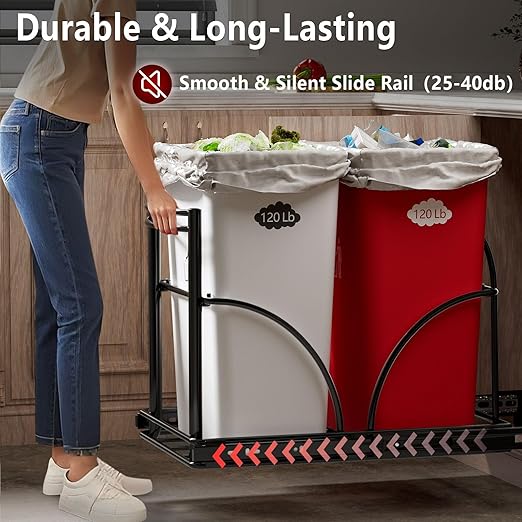 Dual Under Sink Trash Can Heavy Duty Pull Out Trash Can Under Cabinet, Fits 2x35Qt (7-9 Gal) Commercial Trash Cans Cabinet Trash Bin Pull Out Kit Requires ≥ 22''Dx 16''Wx 17''H, No Can (Black)