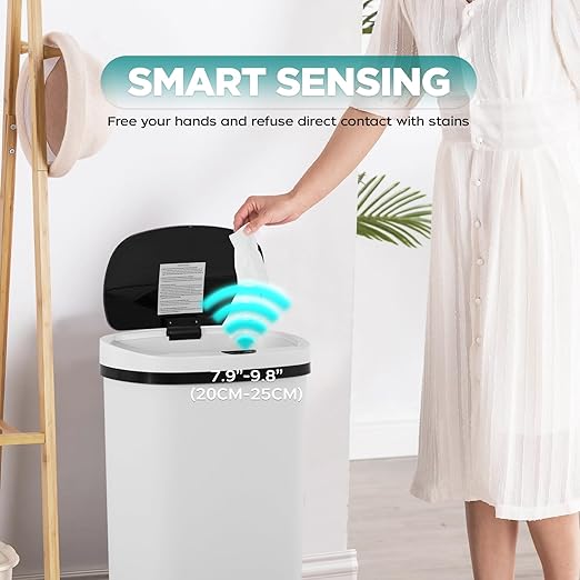 Automatic Motion Sensor Bathroom Trash Can with Lid, 13 Gallon Touchless Trash Bin, Smart Dog Proof Garbage Can, Touch Free Waste Basket for Toilet, Office, Bedroom,White
