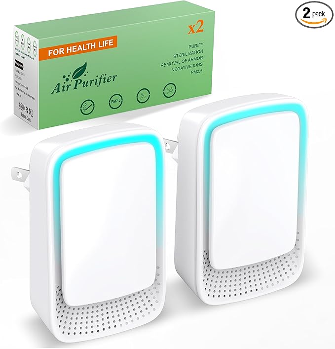 Plug In Air Ionizers - Negative Ion Technology Air Purifier - Quiet Operation Air Freshener for Home, Bedroom, Office, Garage Room - Portable Air Purifiers Odor,Pets Smell - Air Cleaner White (2 Pack）