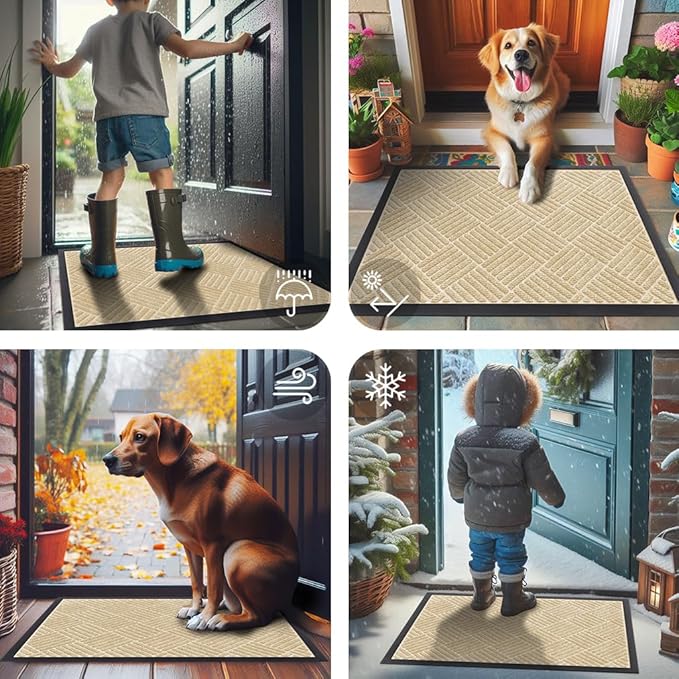 Smiry Front Door Mat Outside Entrance, Heavy Duty Outdoor Indoor Natural Rubber Doormat, Non Slip, Trap Dirt and Moisture, Easy Clean, Low Profile Patio Porch Entryway Mat, 71x47, Beige