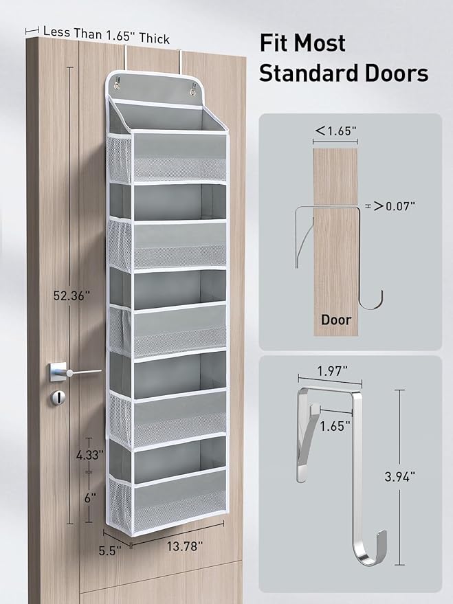 Yecaye 1 Pc Over the Door Organizer with 5 Bins 10 Side Pockets, 44lbs Load Hanging Bathroom and Bedroom Organizer, behind the Door Hanging Organizers for Nursery Newborn Baby Essential Stuff Grey