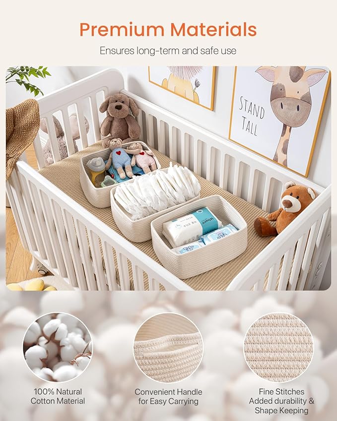 Small Woven Basket, 13.5 x 9.5 x 5 Inches, Storage Basket for Organizing, Cute Small Rope Shelf Closet Cube Storage Bins Baskets for Shelves, Dog Toy Gift Baskets Empty, 3 Packs, Off White