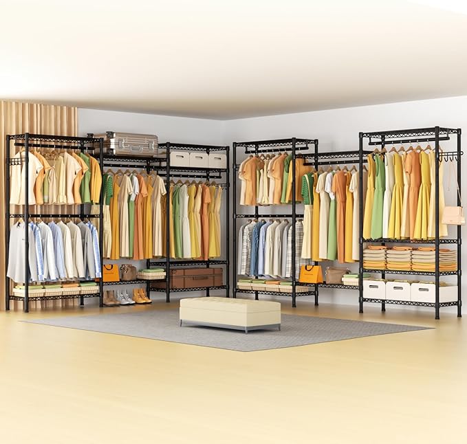 Heavy Duty Garment Rack Large Clothes Rack,Freestanding Closet Portable Clothing Rack with 8 Adjustable Wire Shelves and 4 Hang Rods,Metal Closet Storage Wardrobe Organizer System,Max Load 800lbs