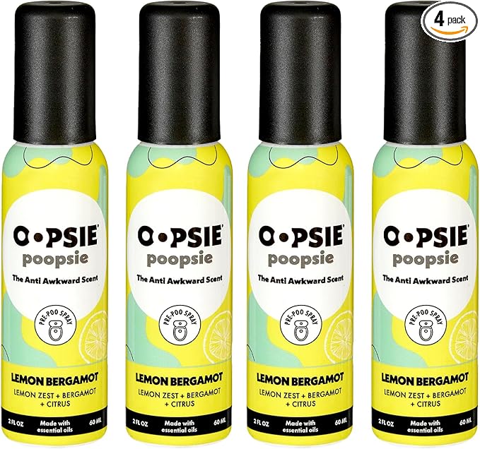 OOPSIE POOPSIE - Lemon Bergamont - Before & After You Go Toilet Spray 2oz - Portable Odor Eliminator - 4 Pack