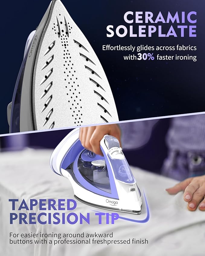 Cordless Iron for Clothes, 1550W 2-In-1 Cordless/Corded Steam Iron Rapid Heating, Ceramic Soleplate, 3-Way Auto-Off, Self-Cleaning, 12.85oz Water Tank Ironing Clothes for Home, Purple