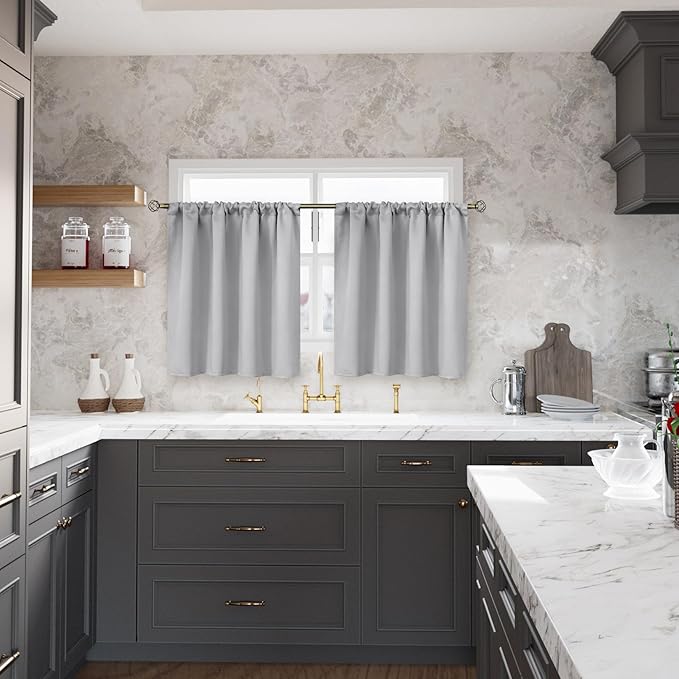 BGment Light Grey Blackout Curtains 30 Inches Long for Kitchen Cafe Window - Half Window Drapes with Rod Pocket Small Curtain Privacy for Rv Camper Bathroom, 2 Panels, 34 x 30 Inch
