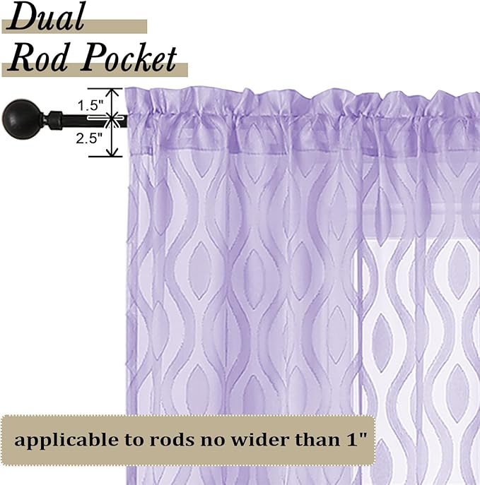 Aiyufeng Sheer Curtains 45 Inch Length 2 Panels, Farmhouse Soft Airy Lightweight Clip Jacquard Textured Curtains, Chic Wavy Line Window Curtains for Bedroom Living Room, Light Purple, 40Wx45L Inches