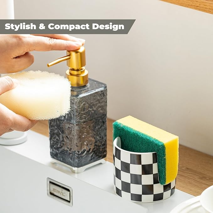 Checkered Kitchen Sink Sponge Holder, Dish Sponge Rack Ceramic Brush Holder Farmhouse Kitchen Dish Rack for Brush, Scrubbers, Bathroom, Sink, Black and White